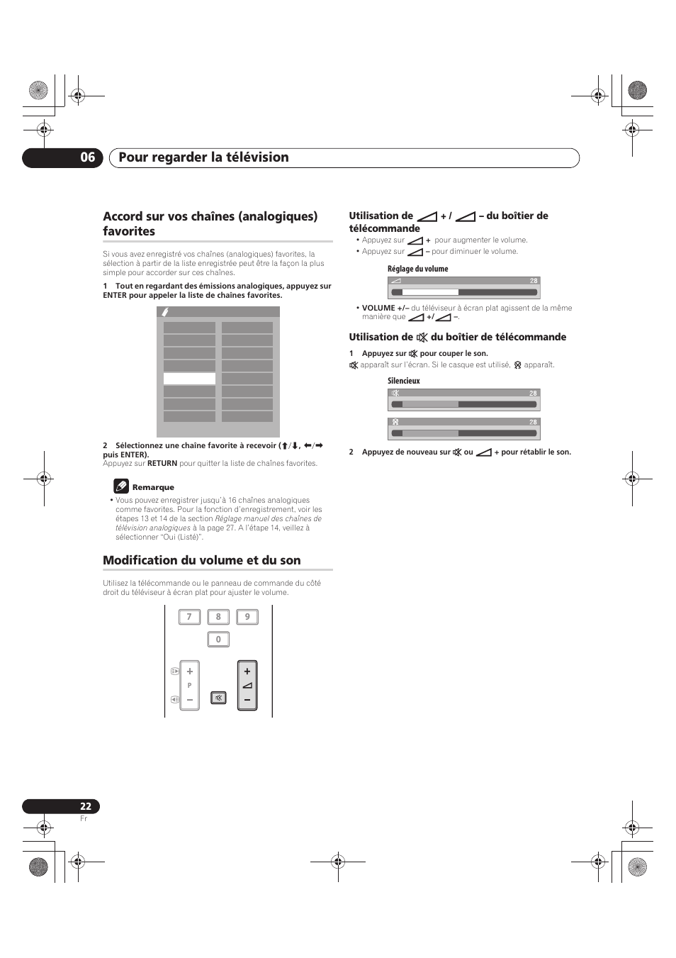 Pour regarder la télévision 06, Accord sur vos chaînes (analogiques) favorites, Modification du volume et du son | Pioneer PDP-LX5090 User Manual | Page 112 / 264