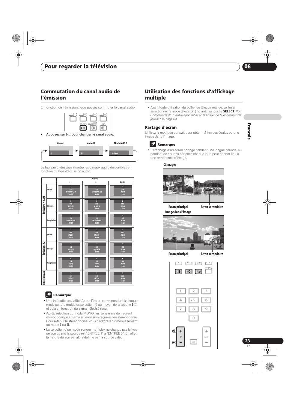 Pour regarder la télévision 06, Commutation du canal audio de l’émission, Utilisation des fonctions d’affichage multiple | Français, Partage d’écran | Pioneer PDP-LX5090 User Manual | Page 113 / 264