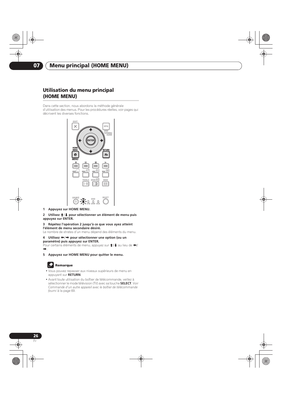 Utilisation du menu principal (home menu), Menu principal (home menu) 07 | Pioneer PDP-LX5090 User Manual | Page 116 / 264