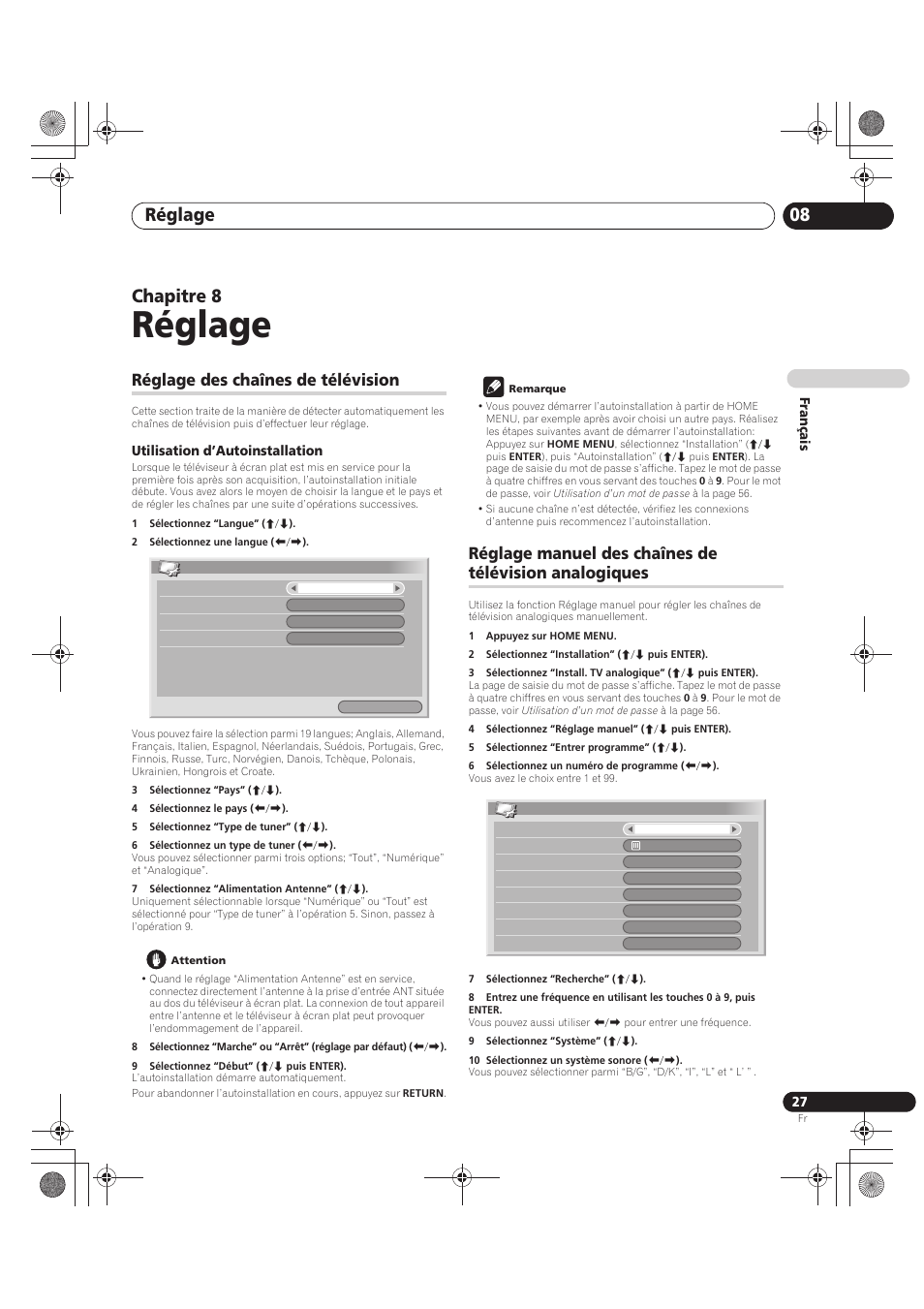08 réglage, Analogiques, Réglage | Réglage 08, Chapitre 8, Réglage des chaînes de télévision | Pioneer PDP-LX5090 User Manual | Page 117 / 264