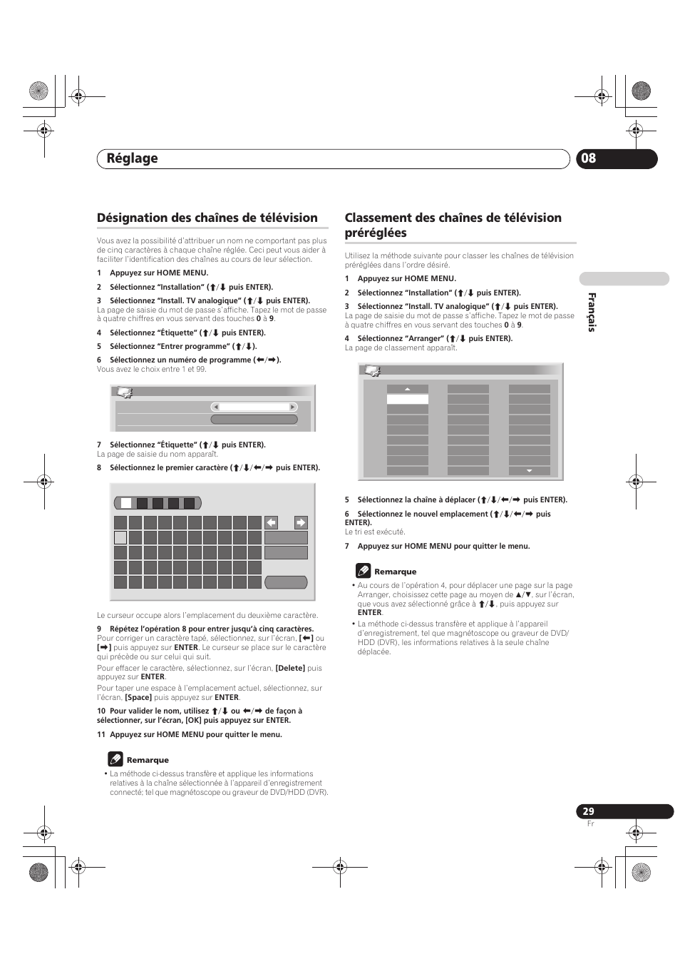 Réglage 08, Désignation des chaînes de télévision, Classement des chaînes de télévision préréglées | Français | Pioneer PDP-LX5090 User Manual | Page 119 / 264