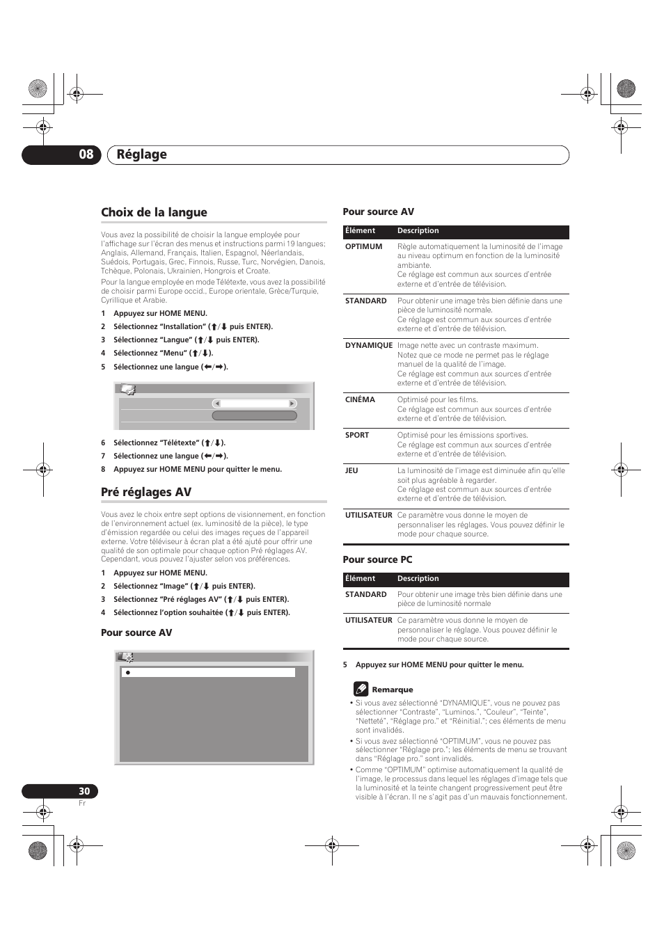 Choix de la langue pré réglages av, Réglage 08, Choix de la langue | Pré réglages av | Pioneer PDP-LX5090 User Manual | Page 120 / 264