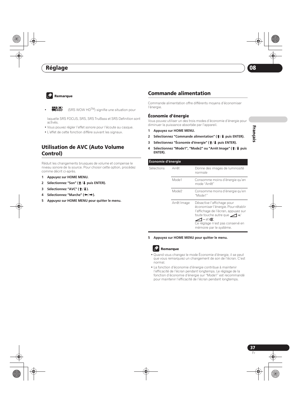 Réglage 08, Utilisation de avc (auto volume control), Commande alimentation | Pioneer PDP-LX5090 User Manual | Page 127 / 264
