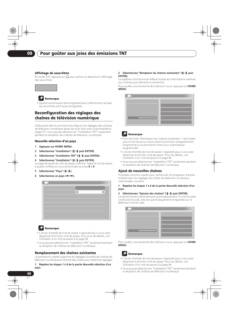 Reconfiguration des réglages des chaînes de, Télévision numérique, Pour goûter aux joies des émissions tnt 09 | Remplacement des chaînes existantes, Ajout de nouvelles chaînes | Pioneer PDP-LX5090 User Manual | Page 130 / 264