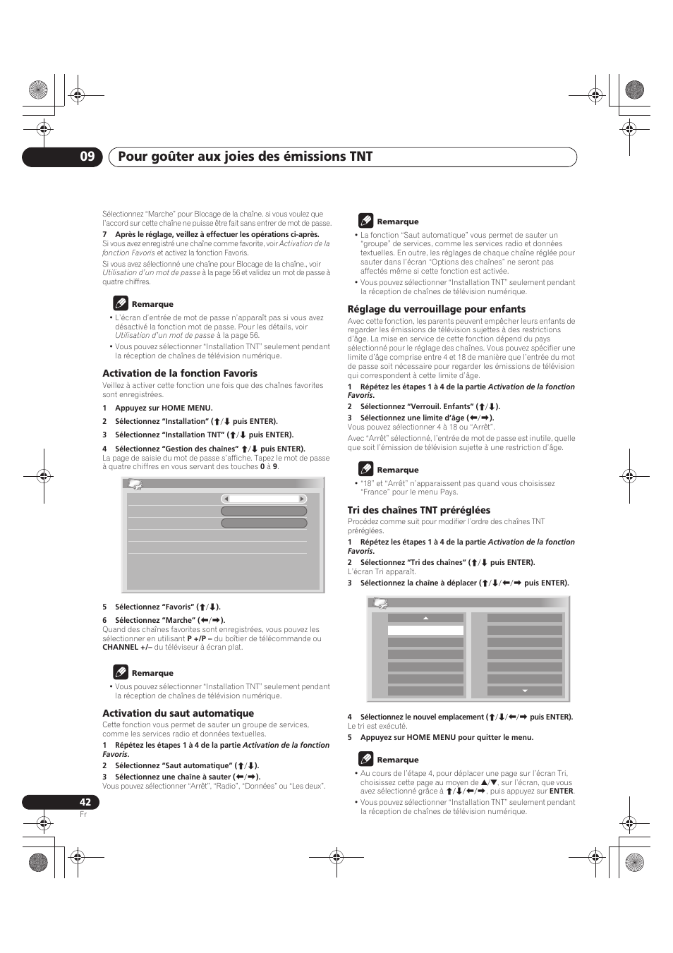 Pour goûter aux joies des émissions tnt 09, Activation de la fonction favoris, Activation du saut automatique | Réglage du verrouillage pour enfants, Tri des chaînes tnt préréglées | Pioneer PDP-LX5090 User Manual | Page 132 / 264