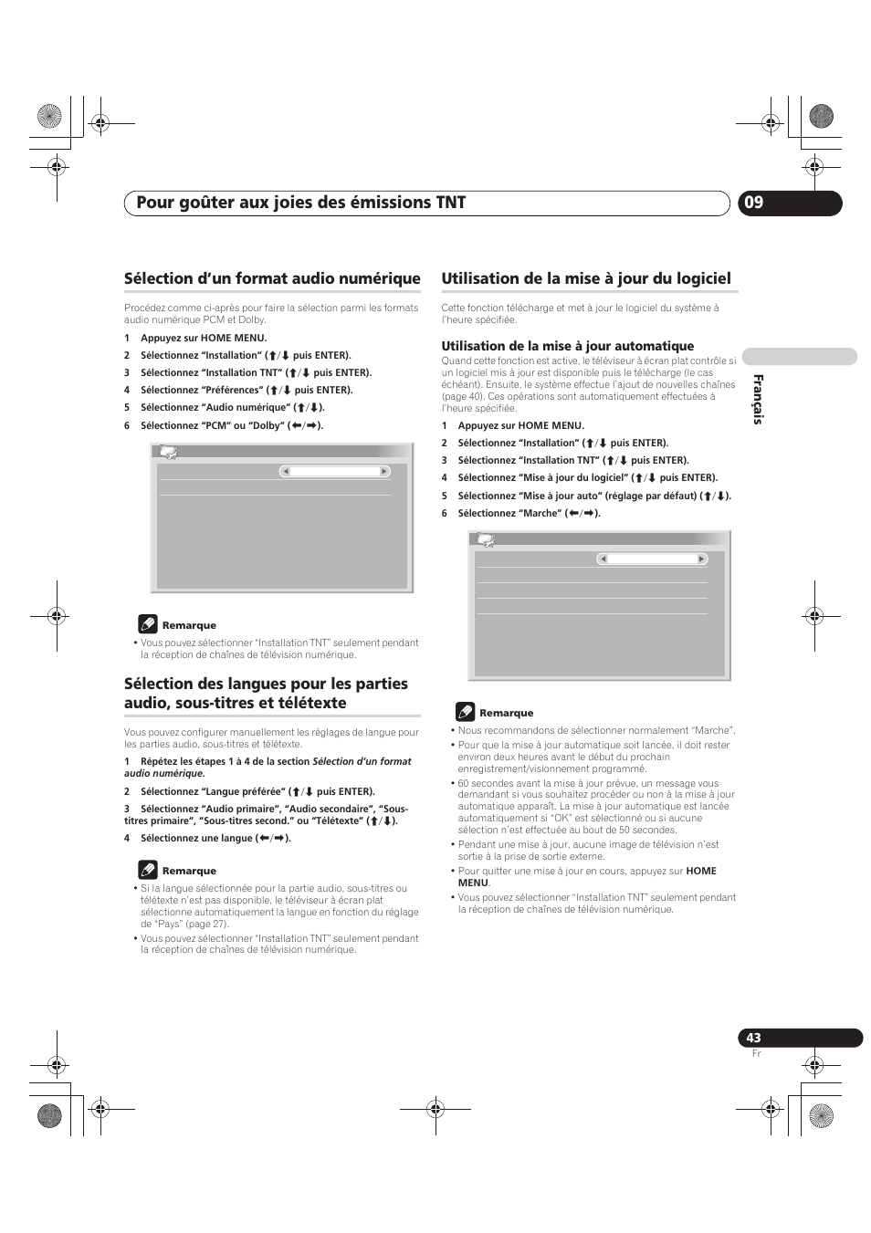 Sous-titres et télétexte, Utilisation de la mise à jour du logiciel, Pour goûter aux joies des émissions tnt 09 | Sélection d’un format audio numérique | Pioneer PDP-LX5090 User Manual | Page 133 / 264