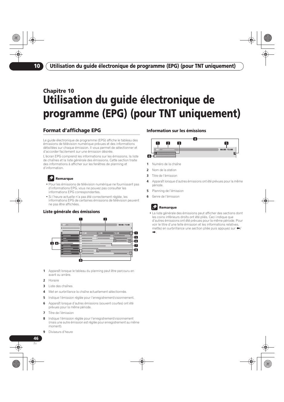10 utilisation du guide électronique de, Programme (epg) (pour tnt uniquement), Format d’affichage epg | Chapitre 10 | Pioneer PDP-LX5090 User Manual | Page 136 / 264