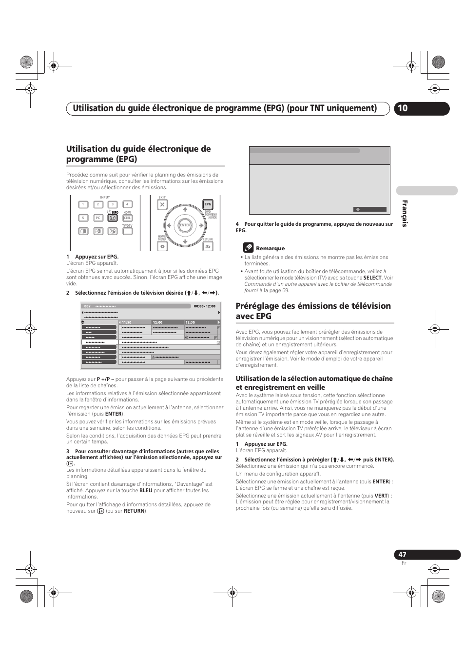 Utilisation du guide électronique de programme, Epg), Préréglage des émissions de télévision | Avec epg, Préréglage des émissions de télévision avec epg, Français | Pioneer PDP-LX5090 User Manual | Page 137 / 264