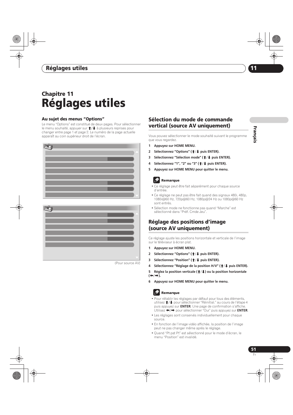 11 réglages utiles, Sélection du mode de commande vertical, Source av uniquement) | Réglage des positions d’image, Réglages utiles, Réglages utiles 11, Chapitre 11 | Pioneer PDP-LX5090 User Manual | Page 141 / 264