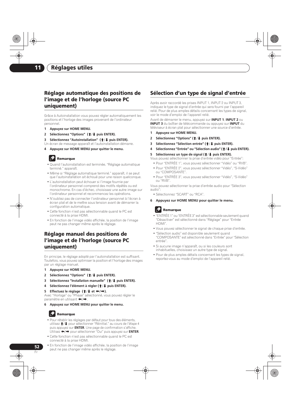 Réglage automatique des positions de l’image et de, L’horloge (source pc uniquement), Réglage manuel des positions de l’image et de | Sélection d’un type de signal d’entrée, Réglages utiles 11 | Pioneer PDP-LX5090 User Manual | Page 142 / 264