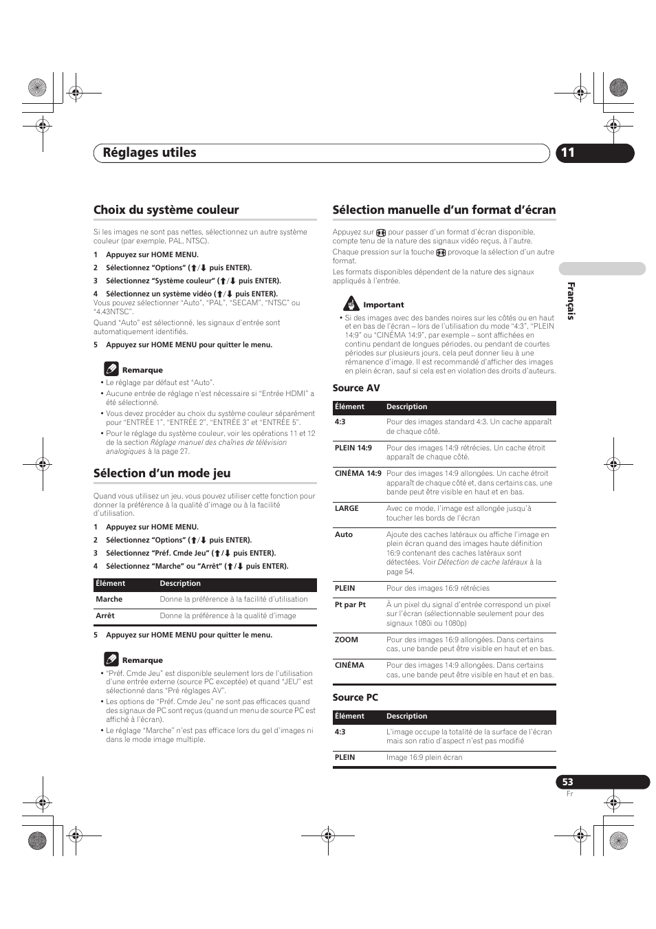 Réglages utiles 11, Choix du système couleur, Sélection d’un mode jeu | Sélection manuelle d’un format d’écran | Pioneer PDP-LX5090 User Manual | Page 143 / 264