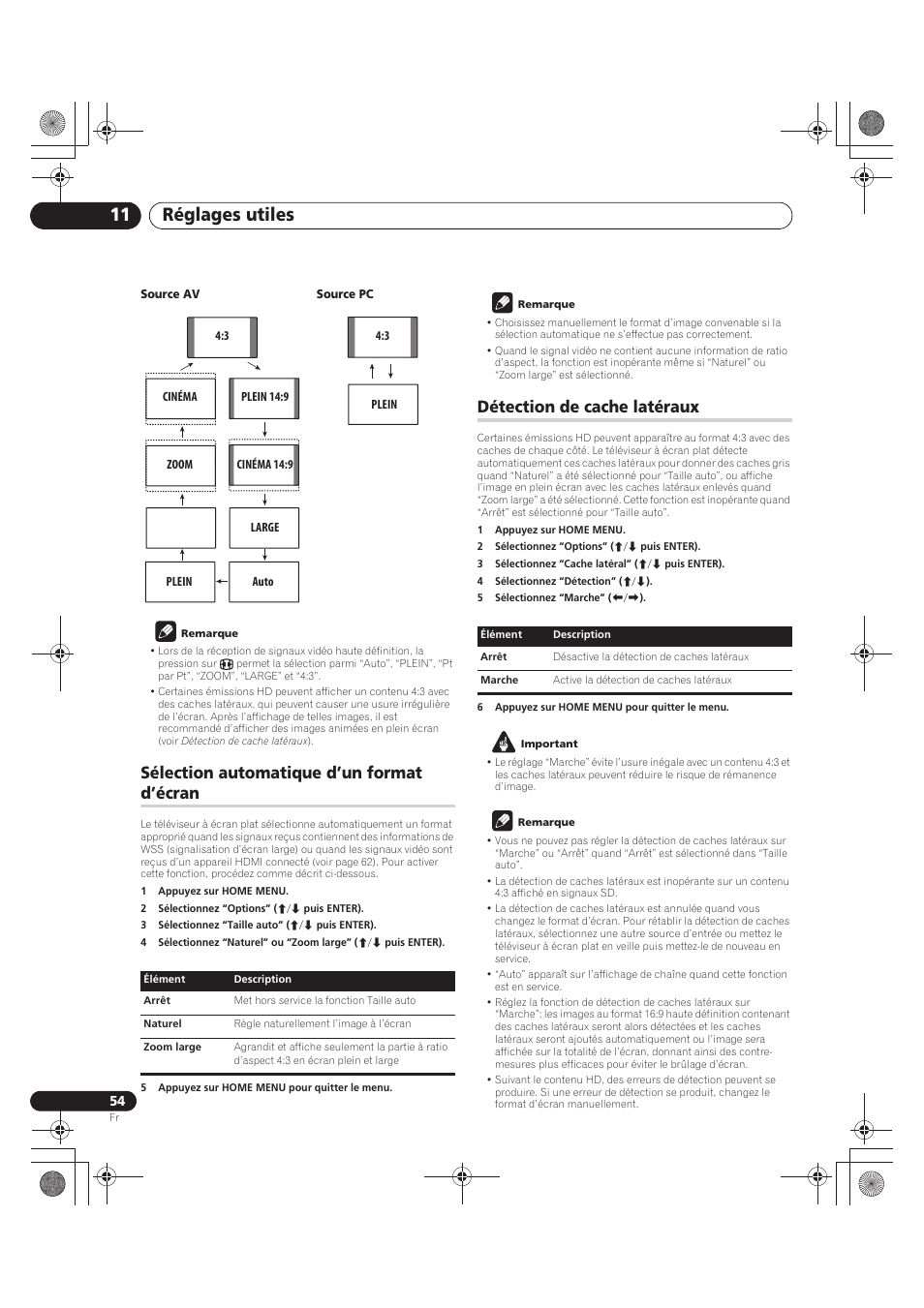 Détection de cache latéraux à la, Réglages utiles 11, Sélection automatique d’un format d’écran | Détection de cache latéraux | Pioneer PDP-LX5090 User Manual | Page 144 / 264