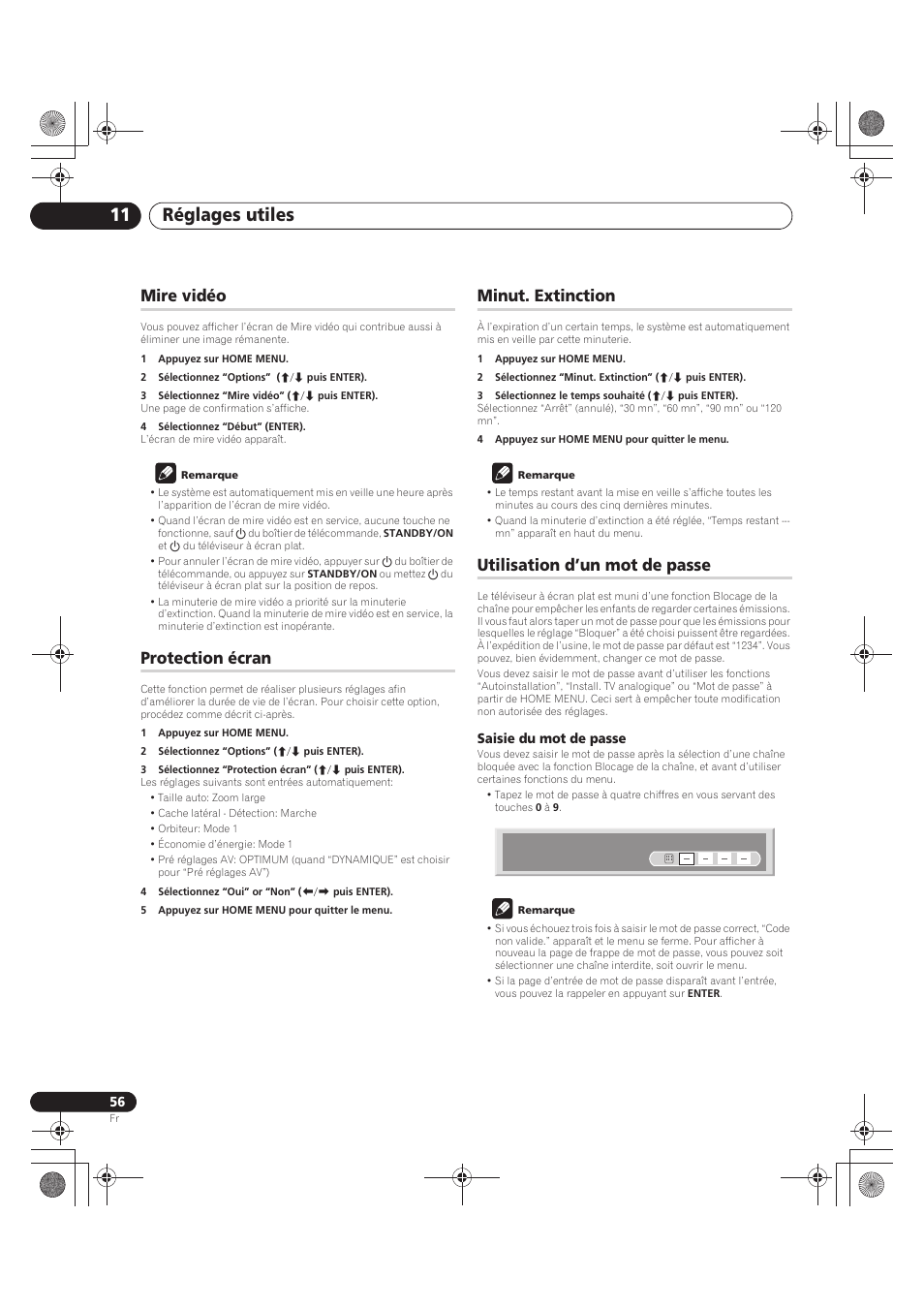 Réglages utiles 11, Mire vidéo, Protection écran | Minut. extinction, Utilisation d’un mot de passe | Pioneer PDP-LX5090 User Manual | Page 146 / 264