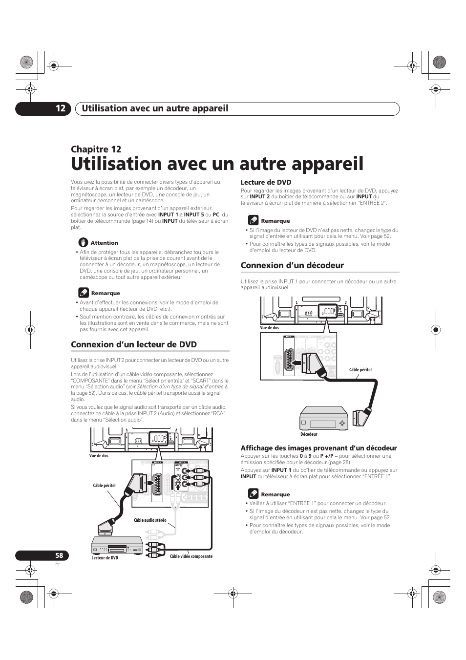 12 utilisation avec un autre appareil, Utilisation avec un autre appareil, Utilisation avec un autre appareil 12 | Chapitre 12, Connexion d’un lecteur de dvd, Connexion d’un décodeur | Pioneer PDP-LX5090 User Manual | Page 148 / 264