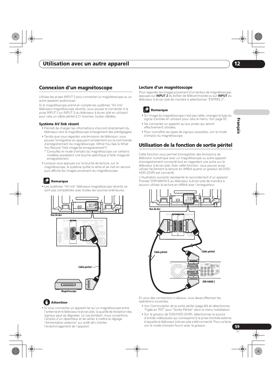 Utilisation avec un autre appareil 12, Connexion d’un magnétoscope, Utilisation de la fonction de sortie péritel | Français, Lecture d’un magnétoscope | Pioneer PDP-LX5090 User Manual | Page 149 / 264