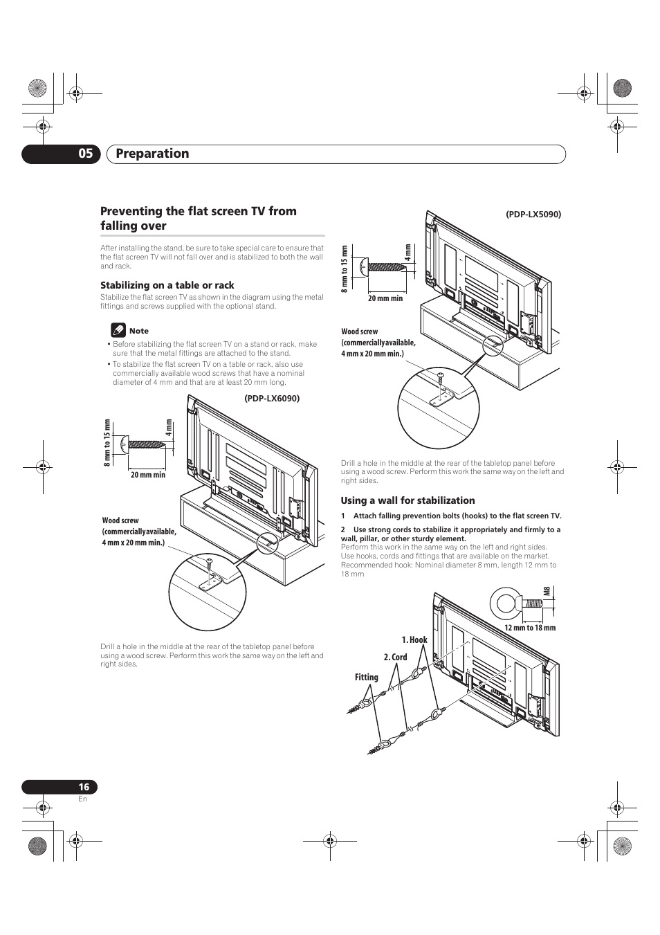 Preventing the flat screen tv from falling over, Stabilizing on a table or rack, Note | Using a wall for stabilization, Preparation 05 | Pioneer PDP-LX5090 User Manual | Page 16 / 264