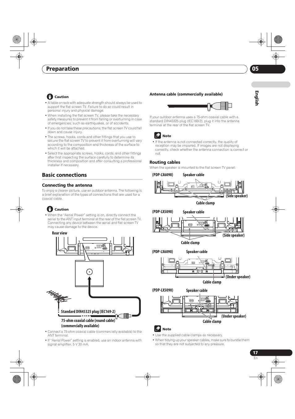 Caution, Basic connections, Connecting the antenna | Antenna cable (commercially available), Note, Routing cables, Preparation 05 | Pioneer PDP-LX5090 User Manual | Page 17 / 264
