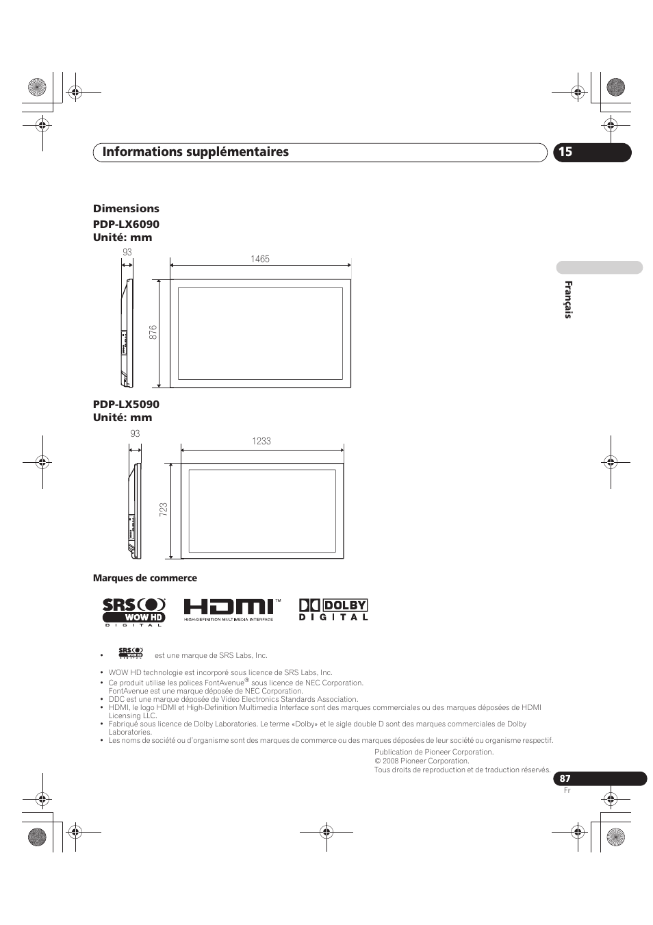 Informations supplémentaires 15 | Pioneer PDP-LX5090 User Manual | Page 177 / 264
