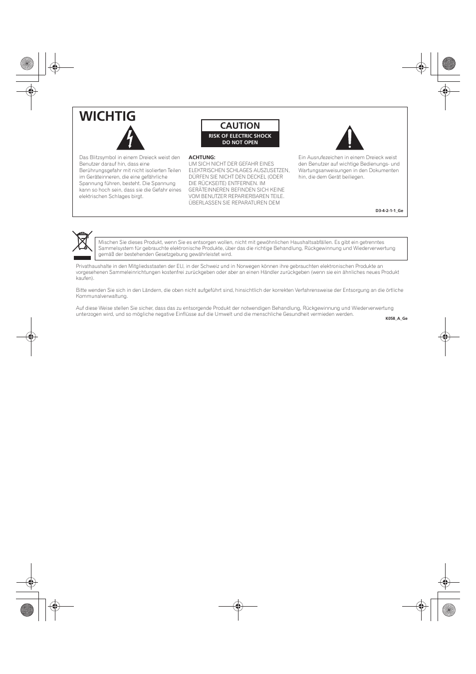 Wichtig, Caution | Pioneer PDP-LX5090 User Manual | Page 178 / 264