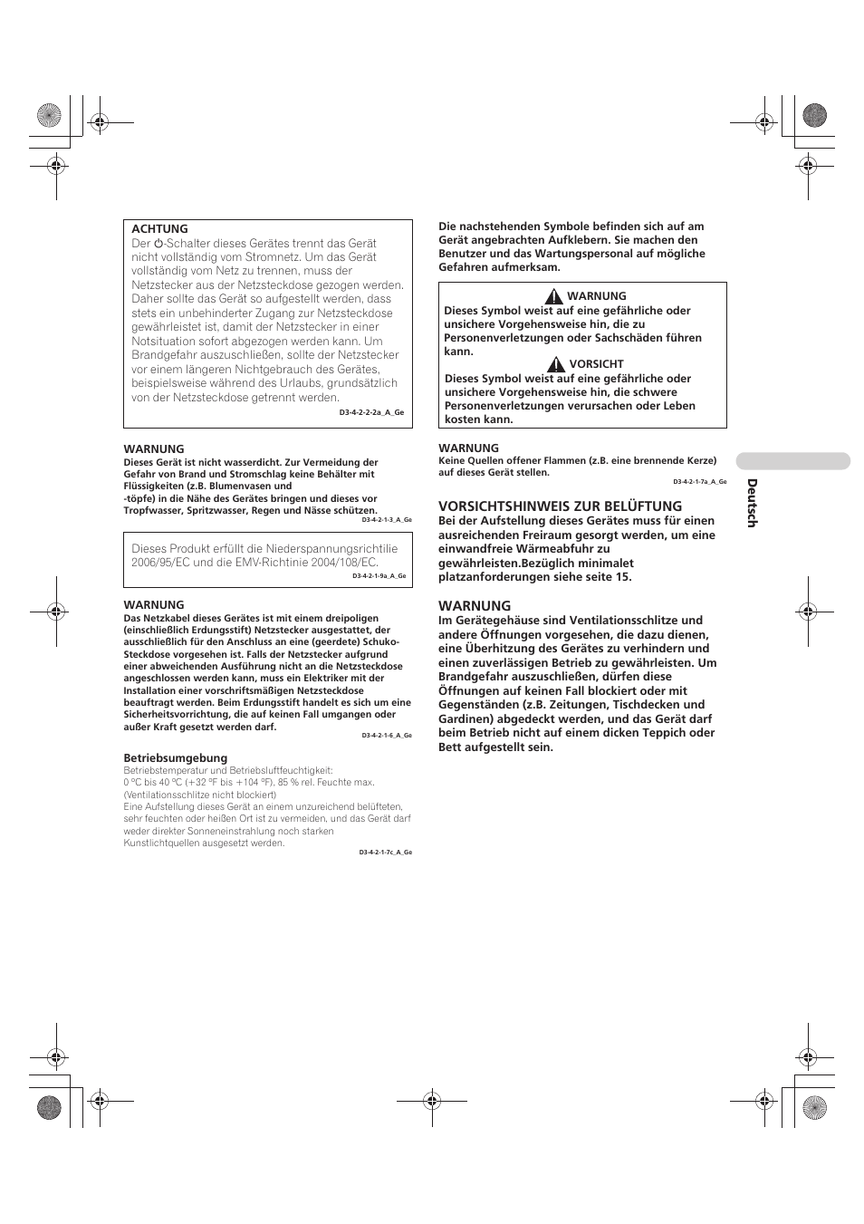 Vorsichtshinweis zur belüftung, Warnung | Pioneer PDP-LX5090 User Manual | Page 179 / 264