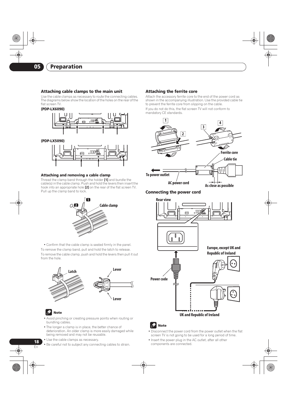 Attaching cable clamps to the main unit, Pdp-lx6090), Pdp-lx5090) | Attaching and removing a cable clamp, Note, Attaching the ferrite core, Connecting the power cord, Preparation 05 | Pioneer PDP-LX5090 User Manual | Page 18 / 264