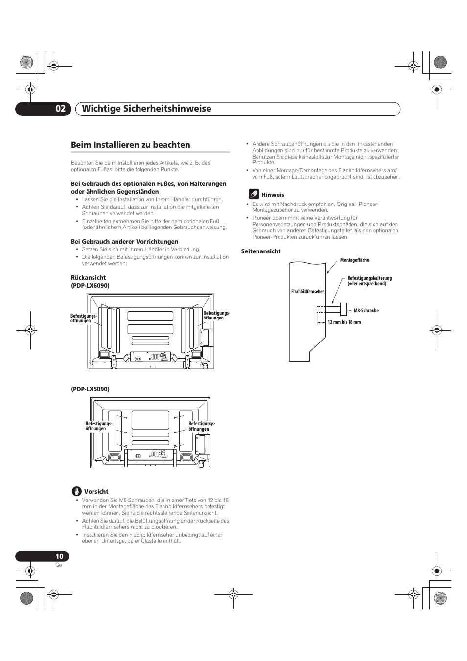 Beim installieren zu beachten, Wichtige sicherheitshinweise 02 | Pioneer PDP-LX5090 User Manual | Page 186 / 264