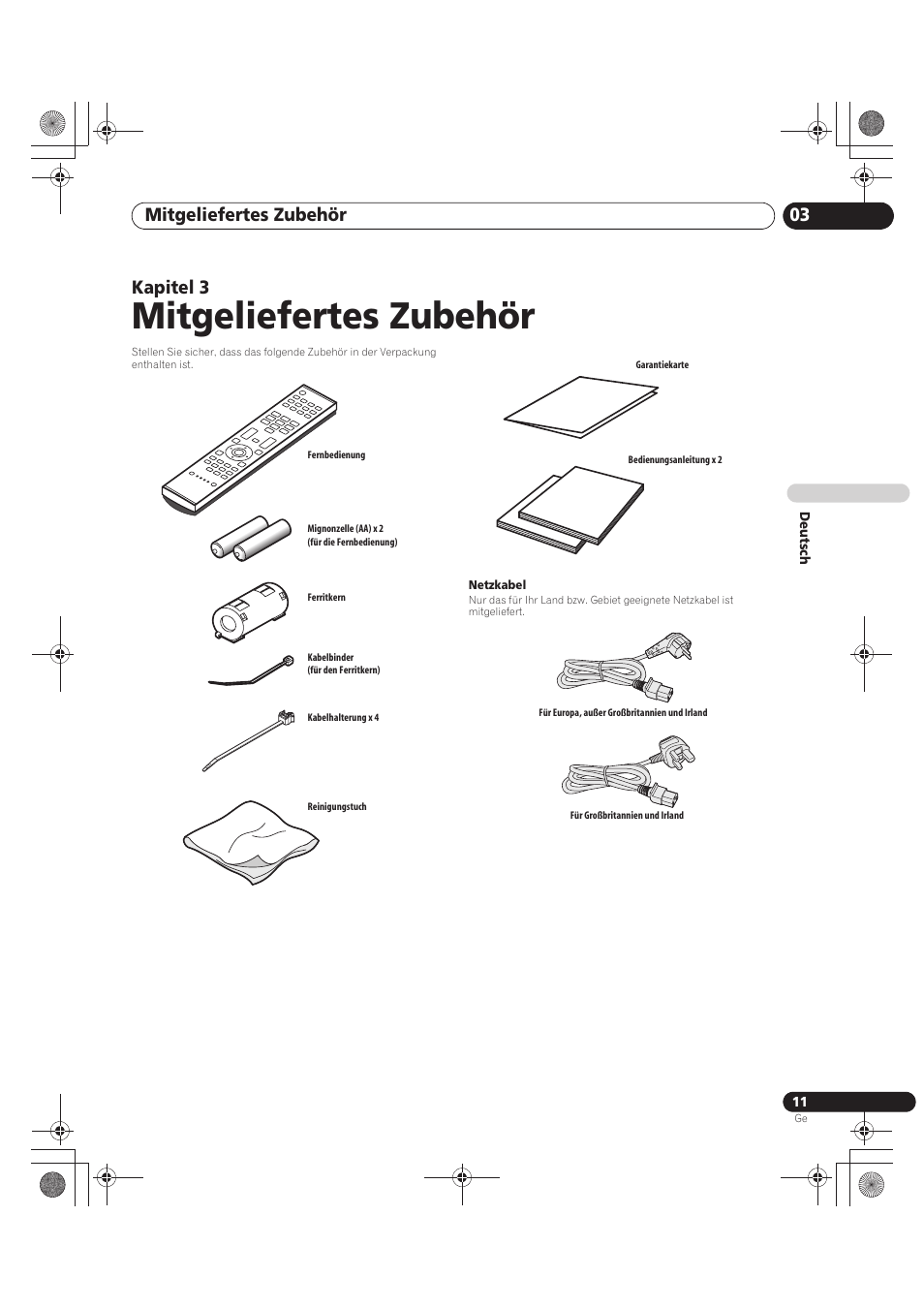 03 mitgeliefertes zubehör, Mitgeliefertes zubehör, Mitgeliefertes zubehör 03 | Kapitel 3 | Pioneer PDP-LX5090 User Manual | Page 187 / 264