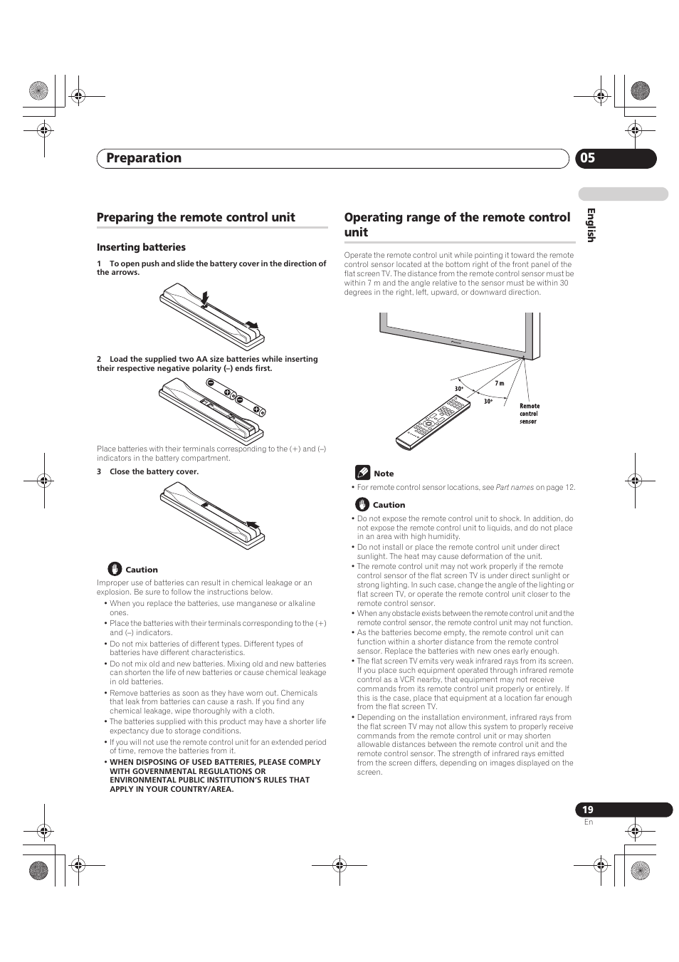 Preparing the remote control unit, 3 close the battery cover, Caution | Operating range of the remote control unit, Note, Preparation 05 | Pioneer PDP-LX5090 User Manual | Page 19 / 264