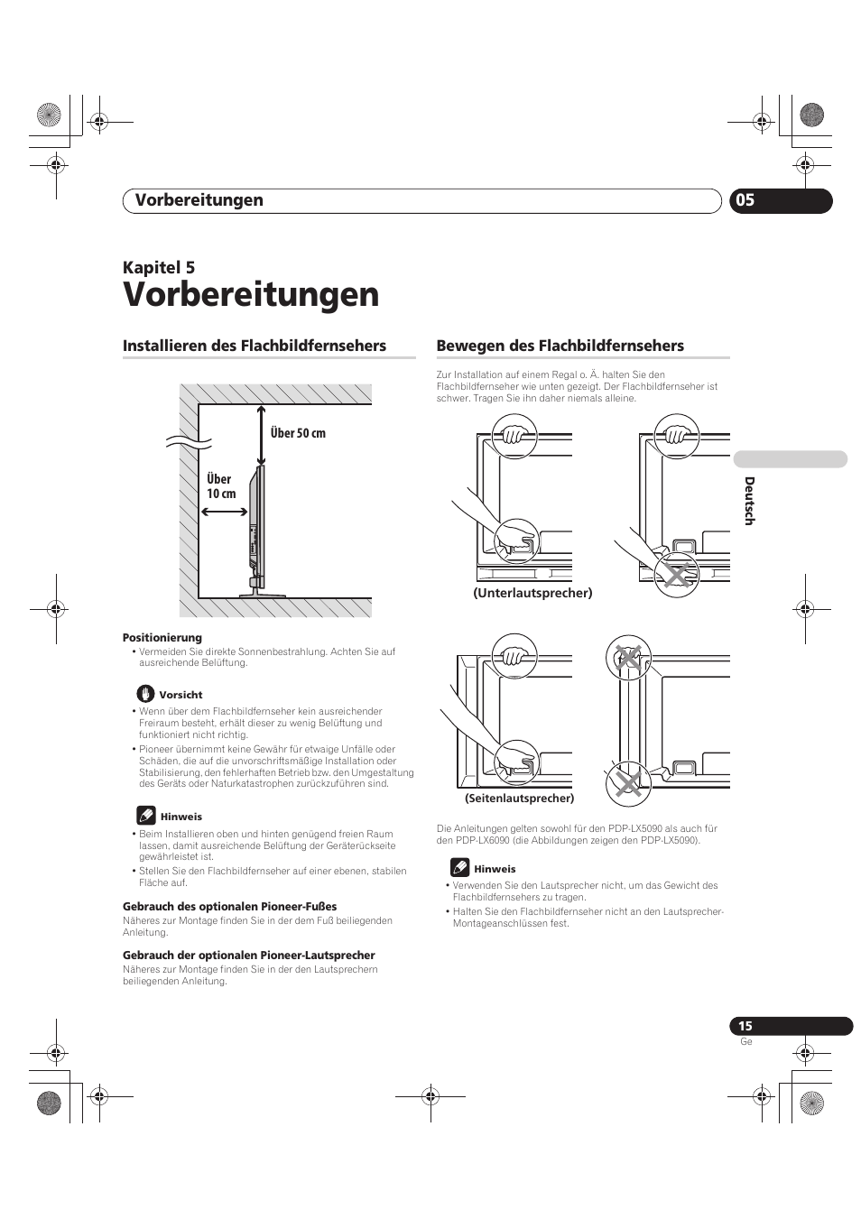 05 vorbereitungen, Vorbereitungen, Vorbereitungen 05 | Kapitel 5, Installieren des flachbildfernsehers, Bewegen des flachbildfernsehers | Pioneer PDP-LX5090 User Manual | Page 191 / 264