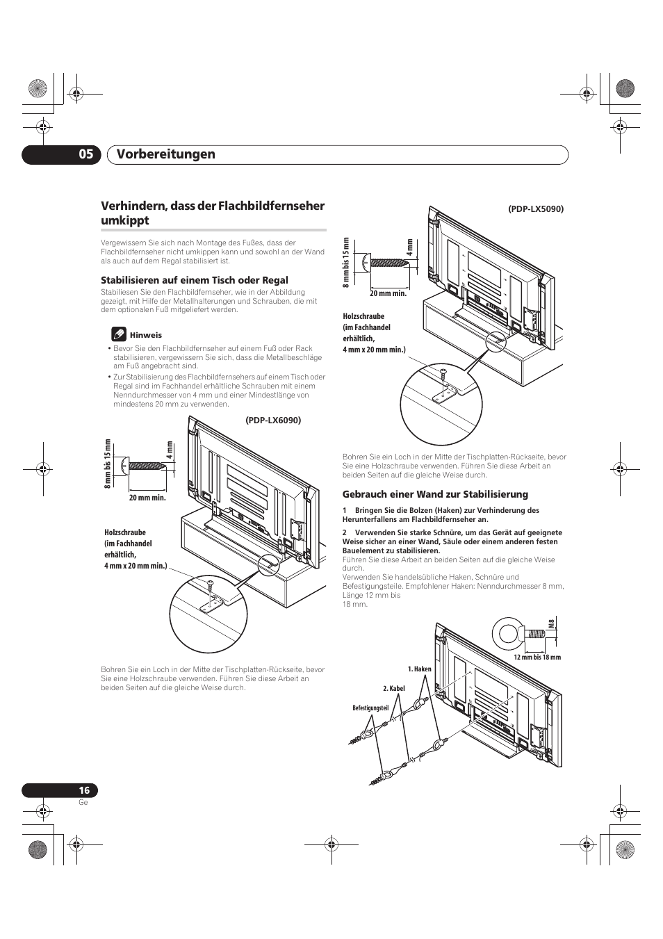 Verhindern, dass der flachbildfernseher umkippt, Vorbereitungen 05 | Pioneer PDP-LX5090 User Manual | Page 192 / 264