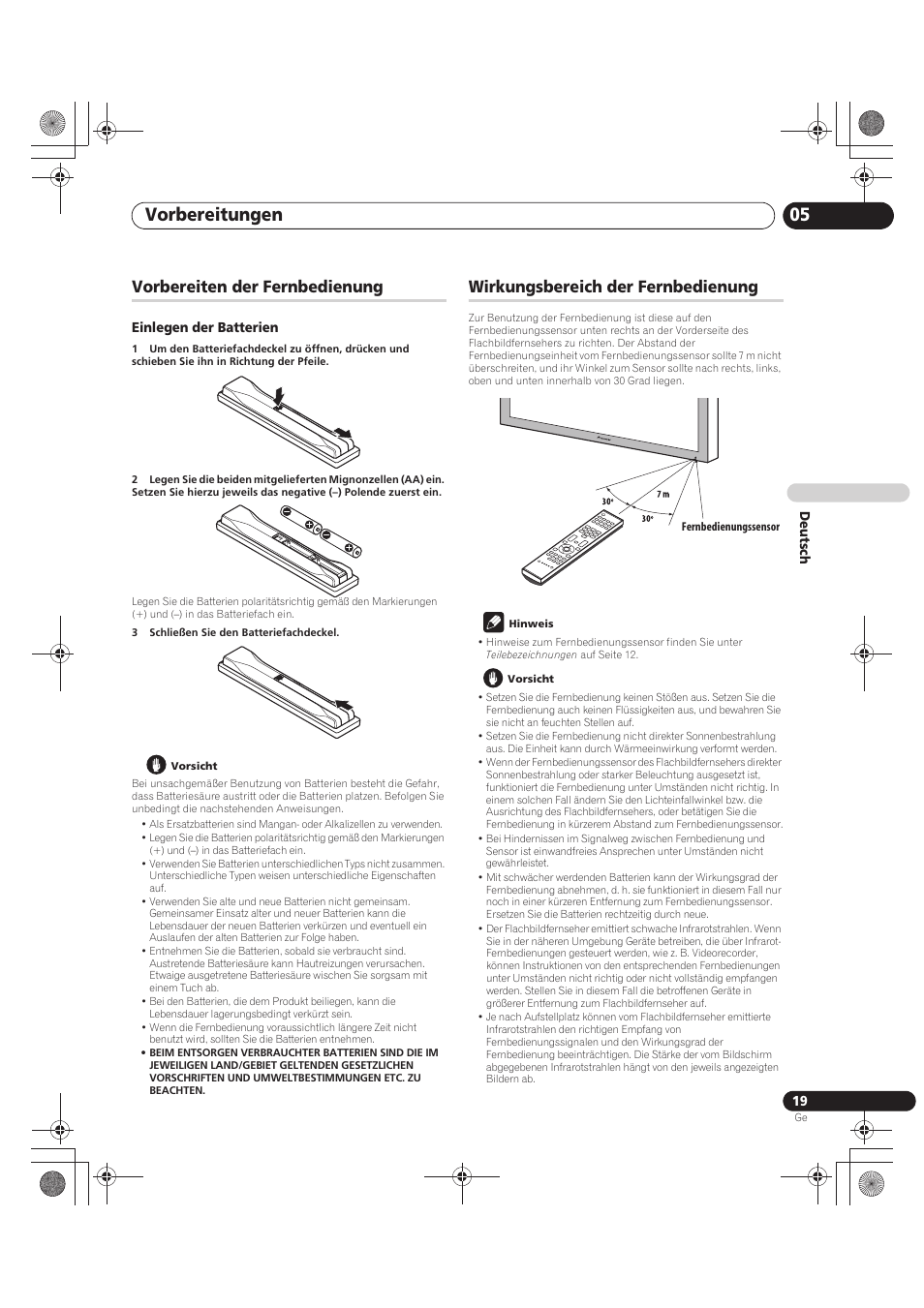 Vorbereitungen 05, Vorbereiten der fernbedienung, Wirkungsbereich der fernbedienung | Pioneer PDP-LX5090 User Manual | Page 195 / 264