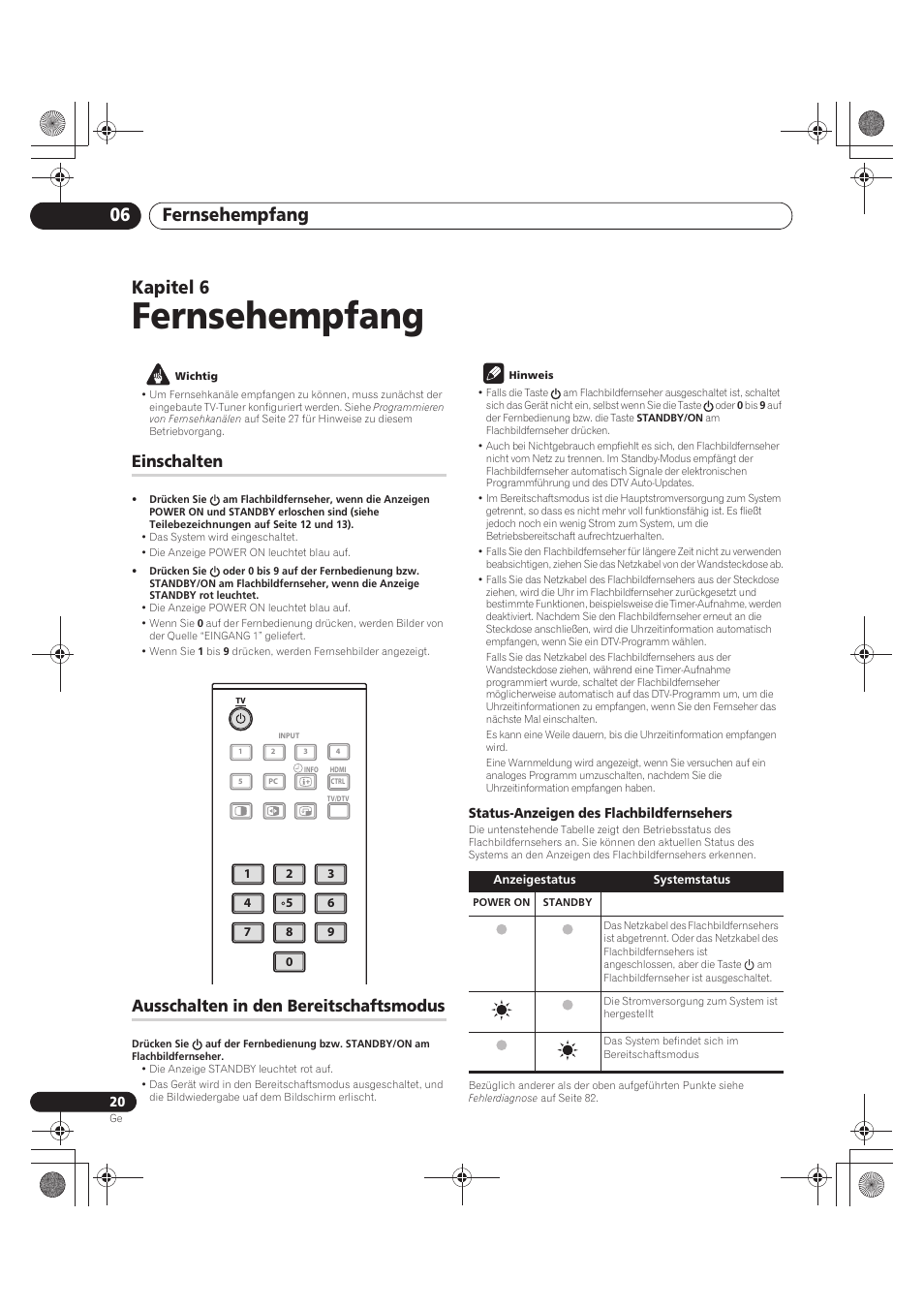 06 fernsehempfang, Einschalten ausschalten in den bereitschaftsmodus, Fernsehempfang | Fernsehempfang 06, Kapitel 6, Einschalten, Ausschalten in den bereitschaftsmodus | Pioneer PDP-LX5090 User Manual | Page 196 / 264