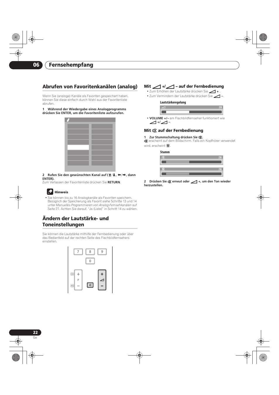 Fernsehempfang 06, Abrufen von favoritenkanälen (analog), Ändern der lautstärke- und toneinstellungen | Pioneer PDP-LX5090 User Manual | Page 198 / 264
