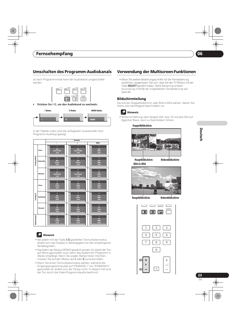 Fernsehempfang 06, Umschalten des programm-audiokanals, Verwendung der multiscreen-funktionen | De utsch, Bildschirmteilung | Pioneer PDP-LX5090 User Manual | Page 199 / 264