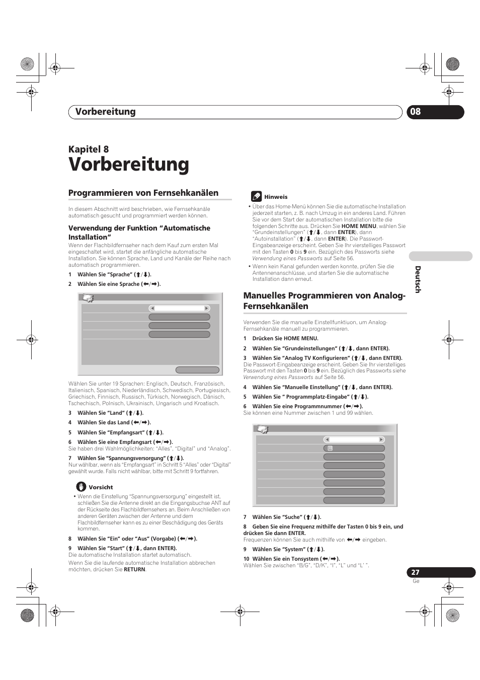 08 vorbereitung, Fernsehkanälen, Vorbereitung | Vorbereitung 08, Kapitel 8, Programmieren von fernsehkanälen, Manuelles programmieren von analog- fernsehkanälen | Pioneer PDP-LX5090 User Manual | Page 203 / 264