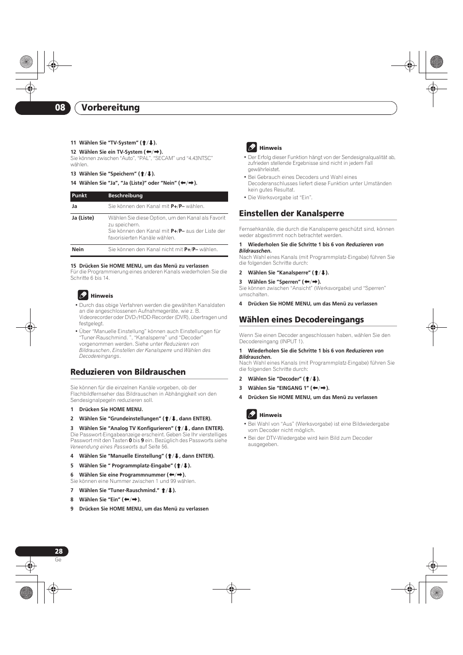 Vorbereitung 08, Reduzieren von bildrauschen, Einstellen der kanalsperre | Wählen eines decodereingangs | Pioneer PDP-LX5090 User Manual | Page 204 / 264