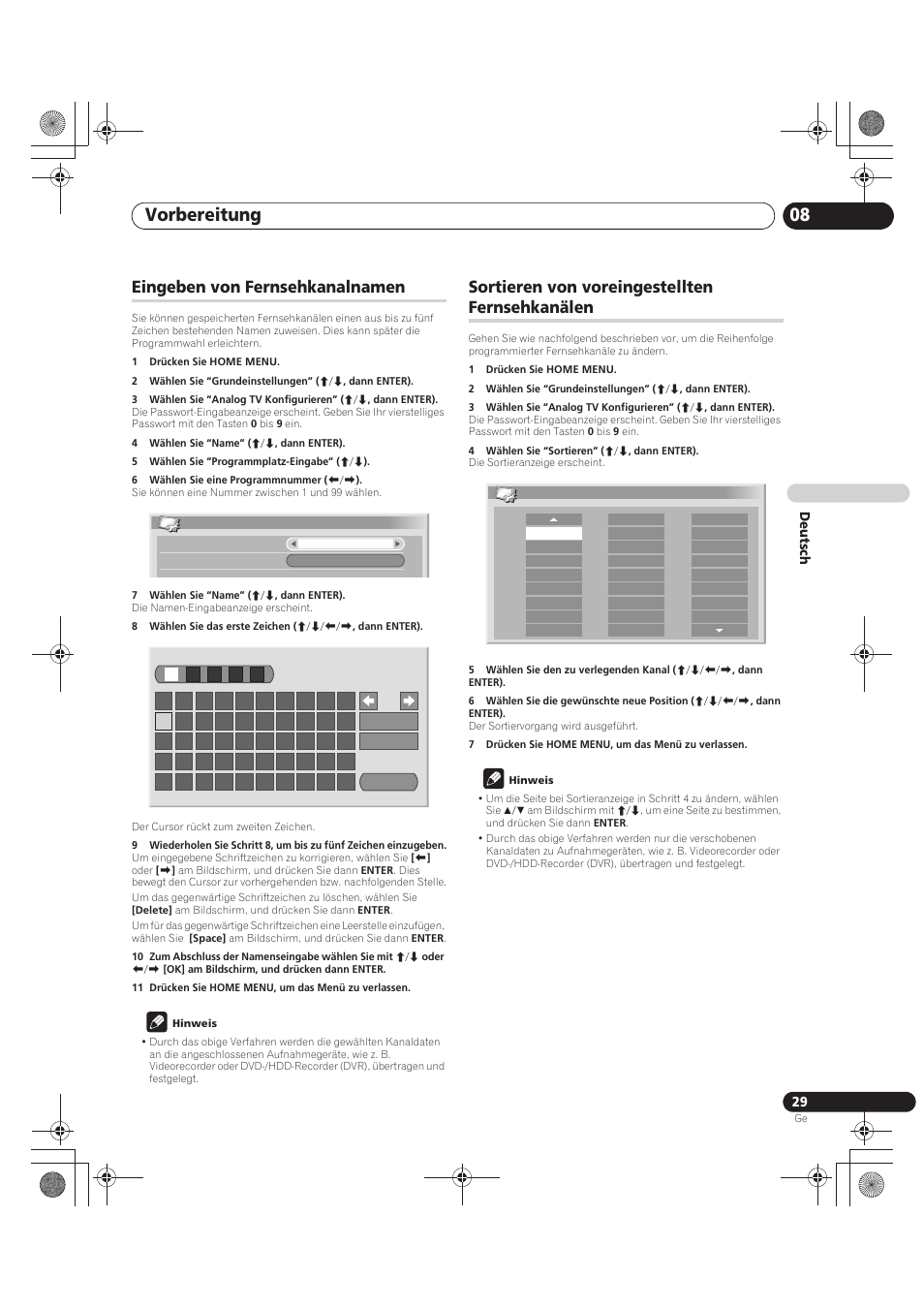 Vorbereitung 08, Eingeben von fernsehkanalnamen, Sortieren von voreingestellten fernsehkanälen | De utsch | Pioneer PDP-LX5090 User Manual | Page 205 / 264