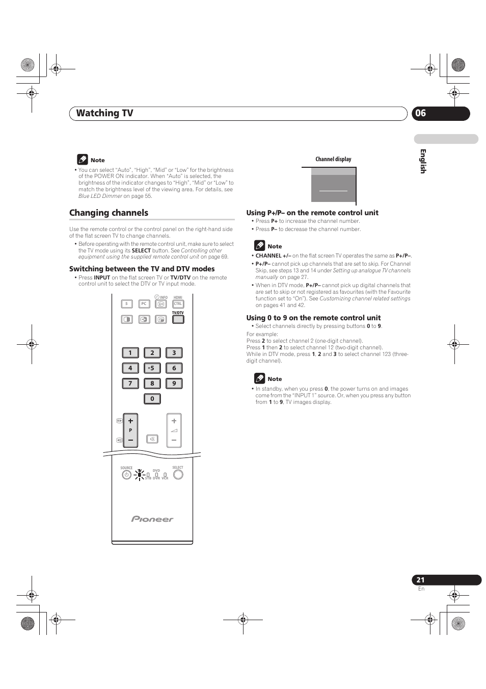 Note, Changing channels, Switching between the tv and dtv modes | Using p+/p- on the remote control unit, Using 0 to 9 on the remote control unit, Watching tv 06 | Pioneer PDP-LX5090 User Manual | Page 21 / 264