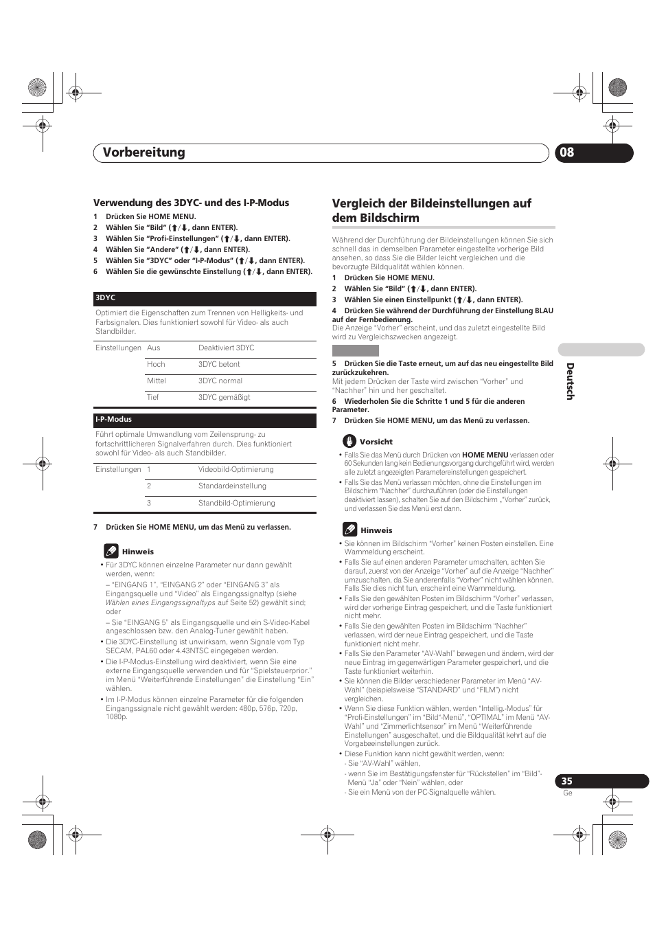 Vergleich der bildeinstellungen auf dem, Bildschirm, Vorbereitung 08 | Vergleich der bildeinstellungen auf dem bildschirm | Pioneer PDP-LX5090 User Manual | Page 211 / 264