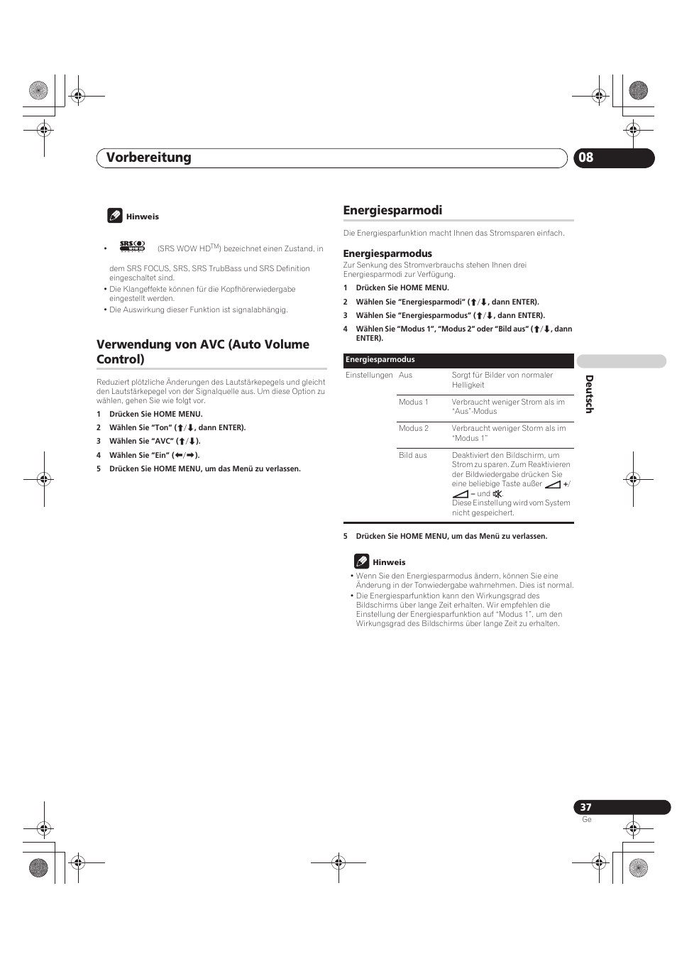 Vorbereitung 08, Verwendung von avc (auto volume control), Energiesparmodi | Pioneer PDP-LX5090 User Manual | Page 213 / 264