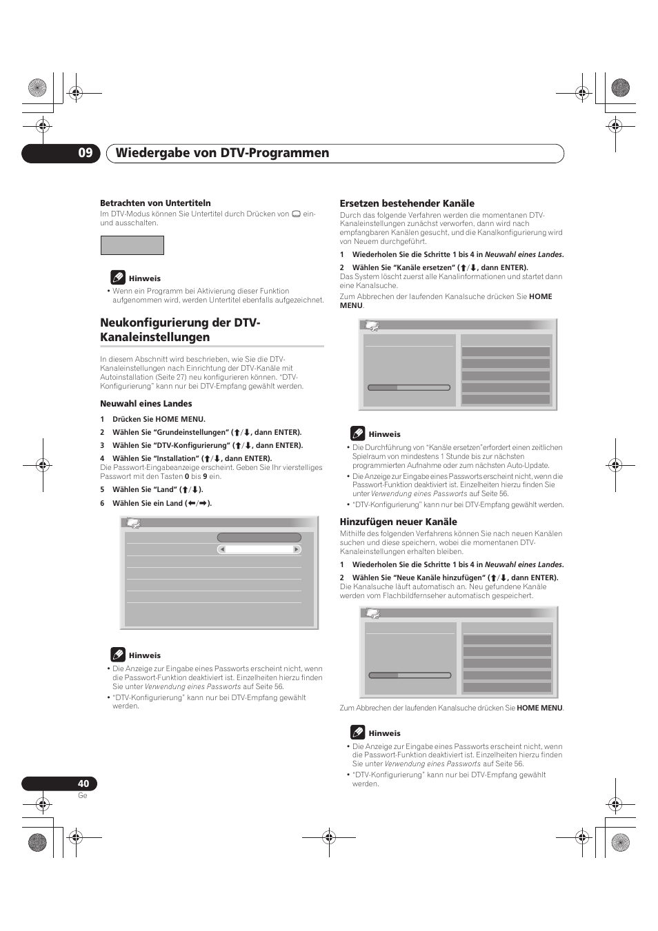 Neukonfigurierung der dtv-kanaleinstellungen, Wiedergabe von dtv-programmen 09, Neukonfigurierung der dtv- kanaleinstellungen | Ersetzen bestehender kanäle, Hinzufügen neuer kanäle | Pioneer PDP-LX5090 User Manual | Page 216 / 264