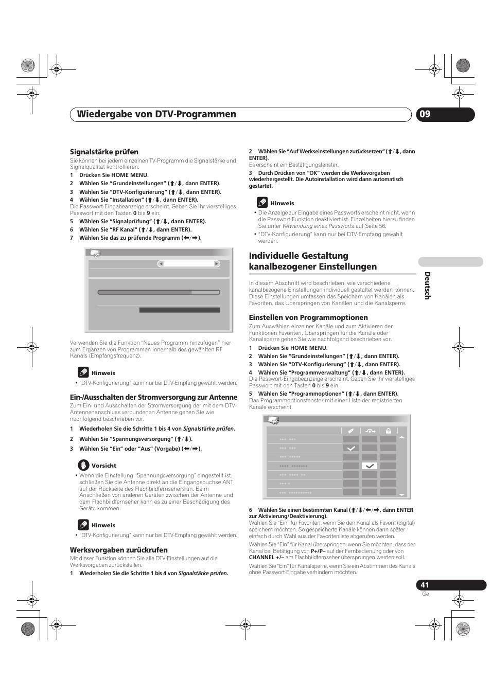 Individuelle gestaltung kanalbezogener, Einstellungen, Wiedergabe von dtv-programmen 09 | De utsch signalstärke prüfen, Ein-/ausschalten der stromversorgung zur antenne, Werksvorgaben zurückrufen, Einstellen von programmoptionen | Pioneer PDP-LX5090 User Manual | Page 217 / 264
