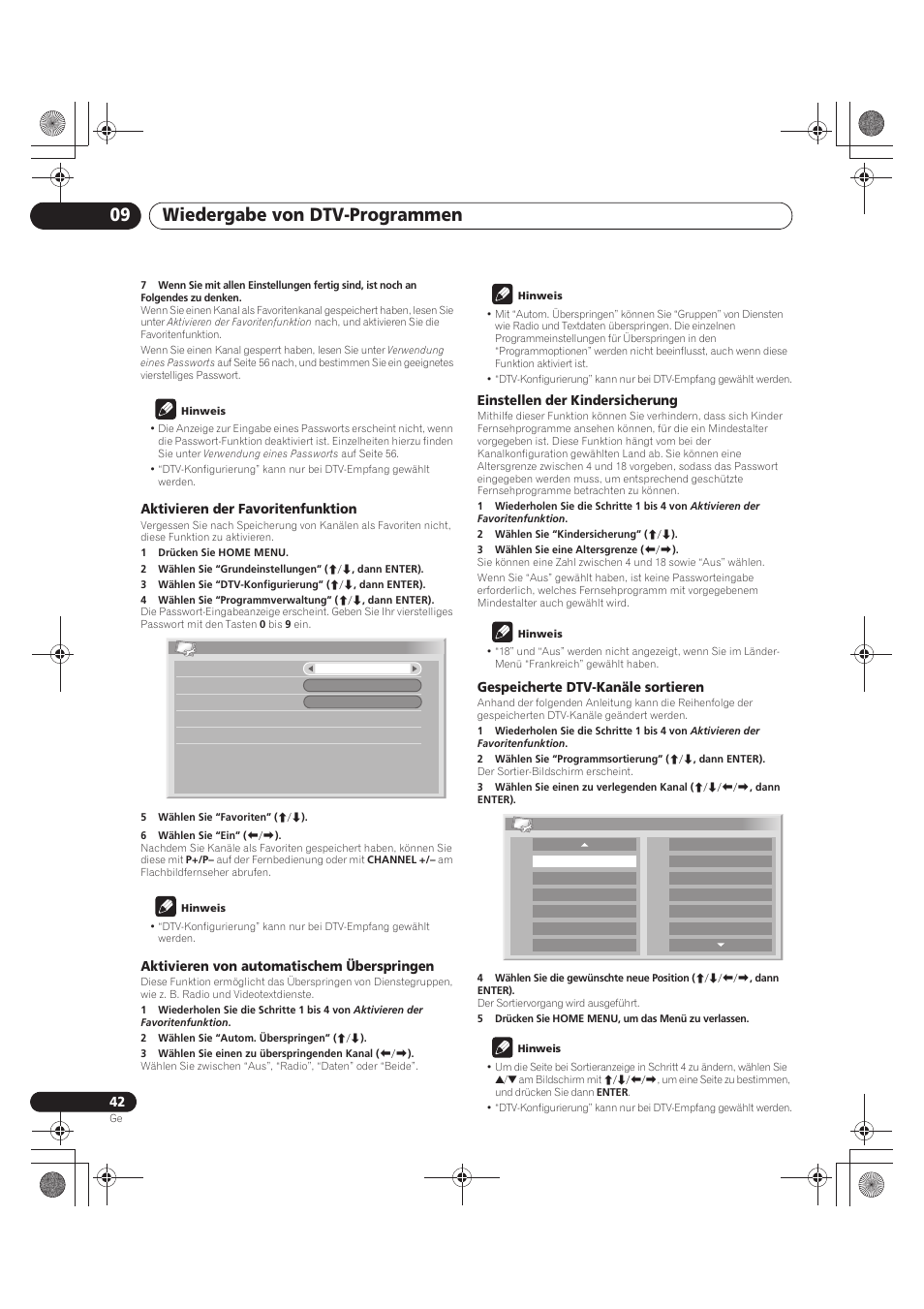 Wiedergabe von dtv-programmen 09, Aktivieren der favoritenfunktion, Aktivieren von automatischem überspringen | Einstellen der kindersicherung, Gespeicherte dtv-kanäle sortieren | Pioneer PDP-LX5090 User Manual | Page 218 / 264