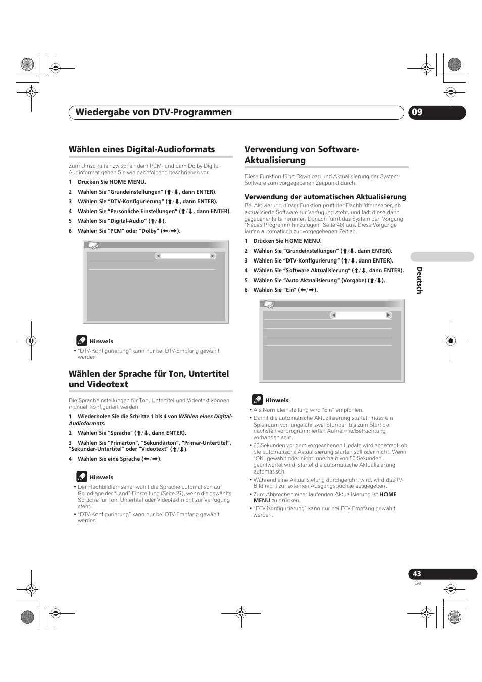 Videotext, Verwendung von software-aktualisierung, Wiedergabe von dtv-programmen 09 | Wählen eines digital-audioformats, Verwendung von software- aktualisierung | Pioneer PDP-LX5090 User Manual | Page 219 / 264