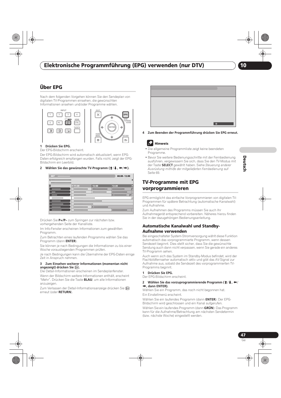 Über epg tv-programme mit epg vorprogrammieren, Über epg, Tv-programme mit epg vorprogrammieren | De utsch | Pioneer PDP-LX5090 User Manual | Page 223 / 264