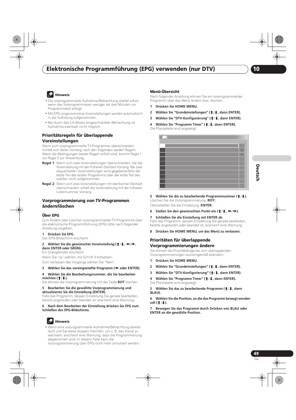 De utsch, Prioritätsregeln für überlappende voreinstellungen, Vorprogrammierung von tv-programmen ändern/löschen | Pioneer PDP-LX5090 User Manual | Page 225 / 264
