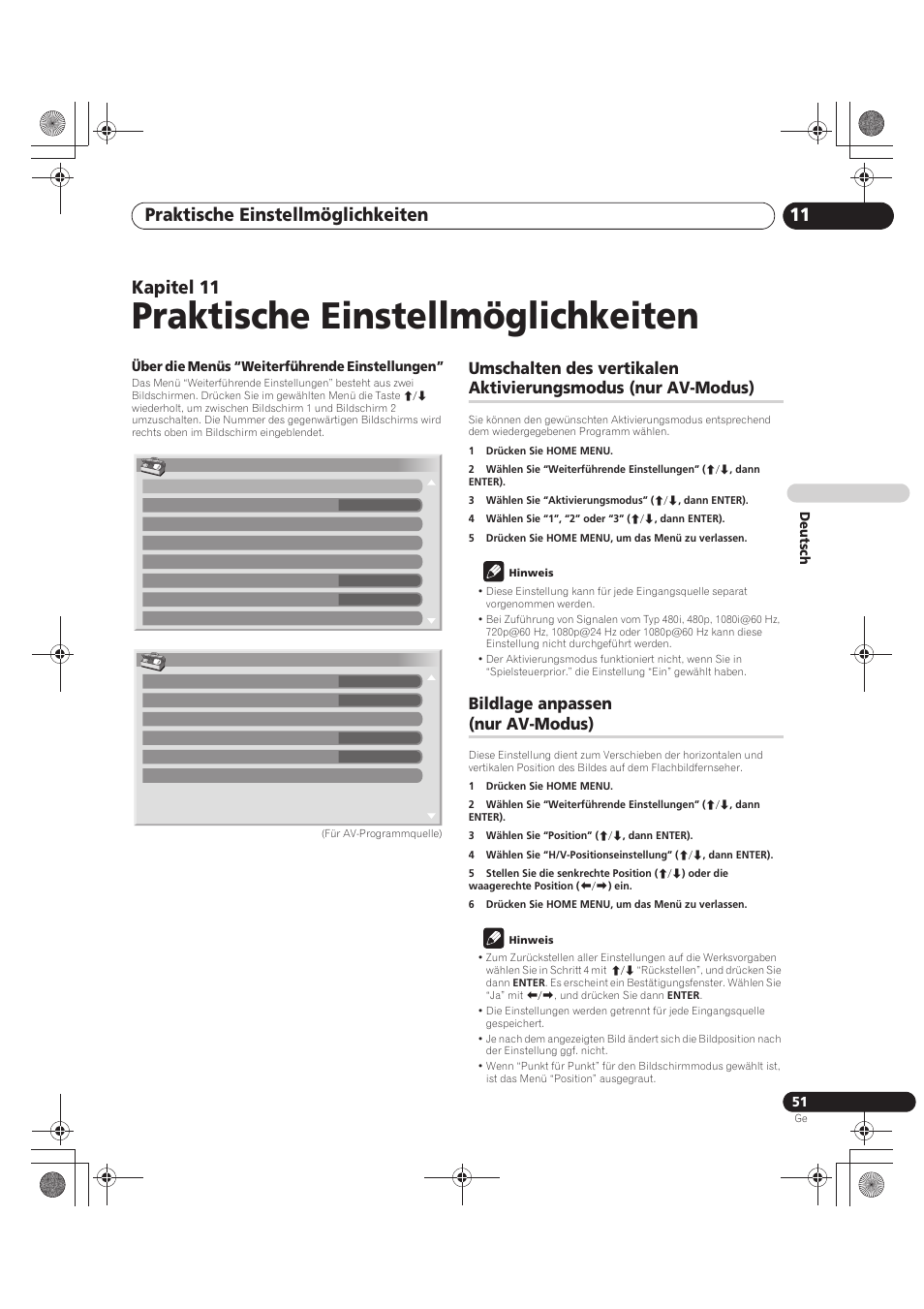 11 praktische einstellmöglichkeiten, Umschalten des vertikalen aktivierungsmodus, Nur av-modus) | Bildlage anpassen, Praktische einstellmöglichkeiten, Praktische einstellmöglichkeiten 11, Kapitel 11, Bildlage anpassen (nur av-modus) | Pioneer PDP-LX5090 User Manual | Page 227 / 264