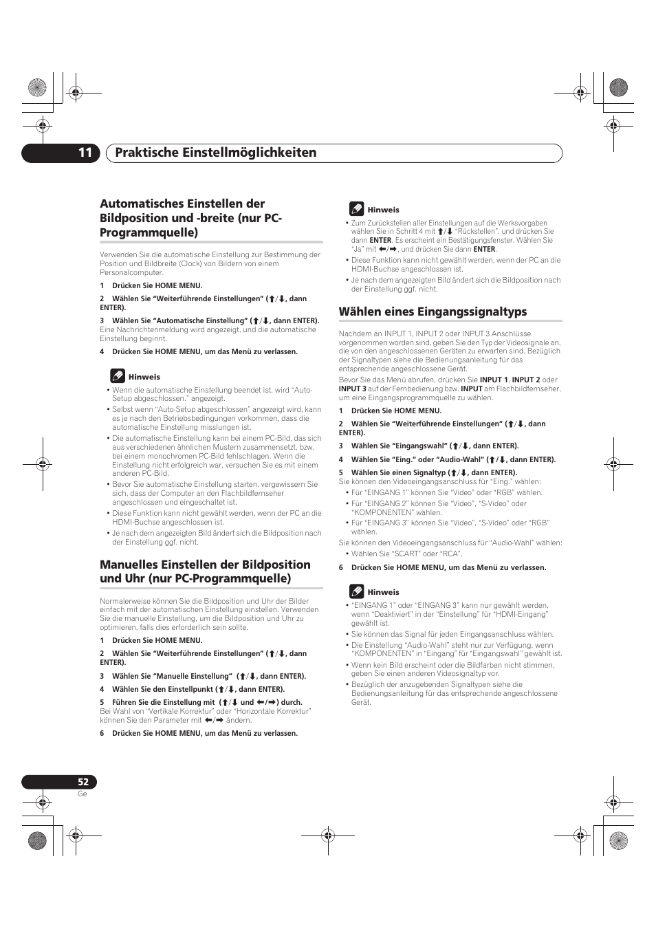 Automatisches einstellen der bildposition und, Breite (nur pc-programmquelle), Manuelles einstellen der bildposition und uhr | Nur pc-programmquelle), Wählen eines eingangssignaltyps, Praktische einstellmöglichkeiten 11 | Pioneer PDP-LX5090 User Manual | Page 228 / 264