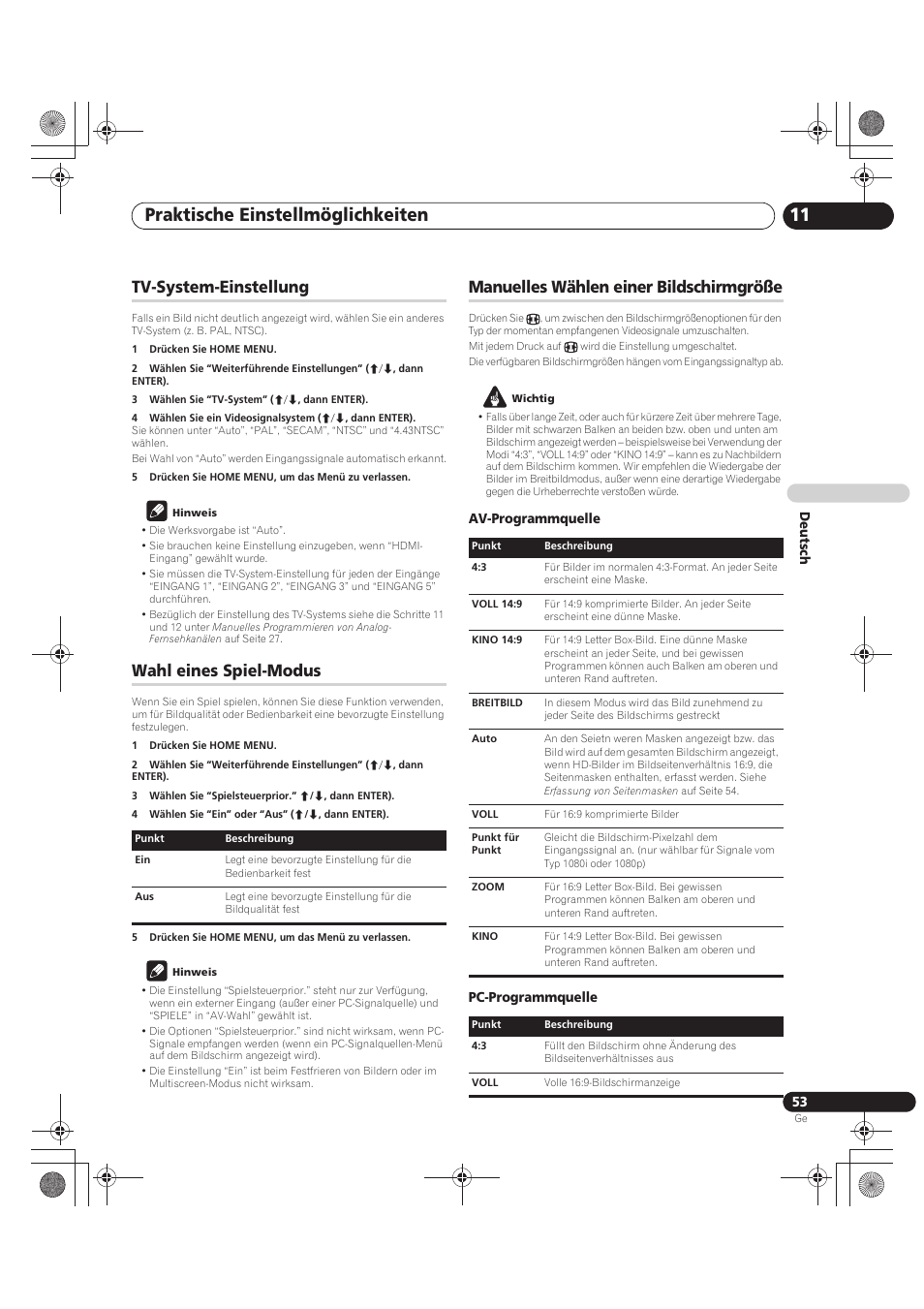 Praktische einstellmöglichkeiten 11, Tv-system-einstellung, Wahl eines spiel-modus | Manuelles wählen einer bildschirmgröße | Pioneer PDP-LX5090 User Manual | Page 229 / 264