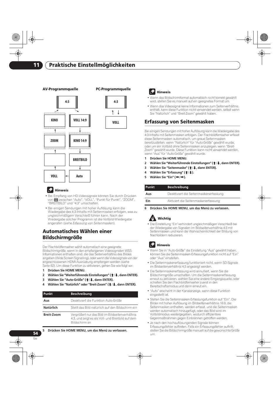 Praktische einstellmöglichkeiten 11, Automatisches wählen einer bildschirmgröße, Erfassung von seitenmasken | Pioneer PDP-LX5090 User Manual | Page 230 / 264